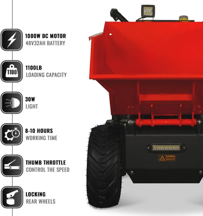 MechMaxx 1100Lbs Loading Battery Powered Barrow Electric Mini Dumper Dump Cart Wheel Barrow, with 30W Light, 1000W 48V Brushless DC Motor, LED Display Screen, Model E50 (Red)