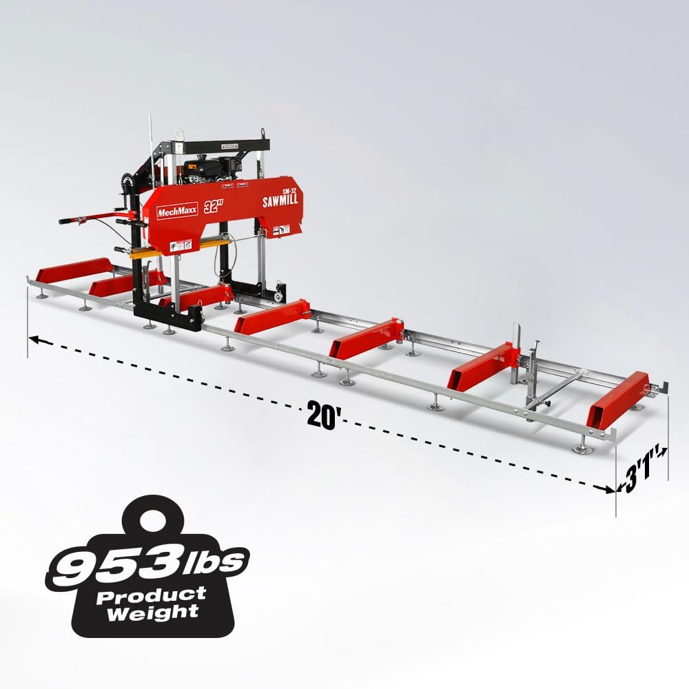 MechMaxx 32" Portable Sawmill (5 x Blades Included), KOHLER CH440 429cc 14HP E-Start Gasoline Engine,26.5" Board Width,20' Track Length (13' Track Length + 6.6' Track Extension Included),Model SM32