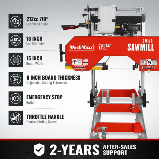 MechMaxx 18'' Portable Sawmill, DUCAR 212cc 7HP Gasoline Engine, 15" Board Width And 7'' Board Thickness,10' Track Length, Model SM-18