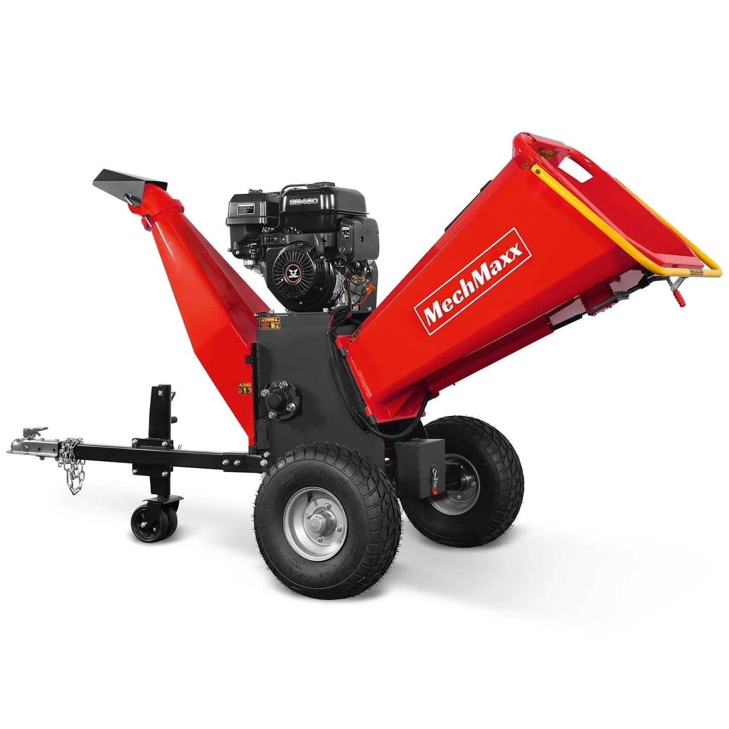 MechMaxx 6 inch ZONSEN 459cc 15hp E-Start Gas Powered 4-Wheels Wood Chipper Shredder Mulcher with Towbar/Tail Light/Emergency Stop Button/Stop Bar, Model B150 Yellow