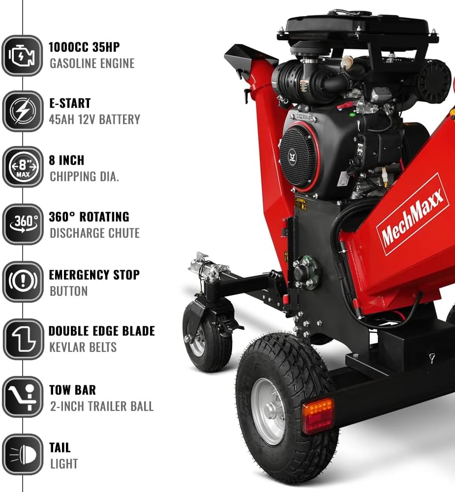 MechMaxx 8'' Inch ZONSEN 1000cc 35hp Electric Start Gasoline Powered Engine 4-Wheels Towable Wood Chipper Shredder Mulcher with Towbar/Tail Light/Emergency Stop Switch, Model B200