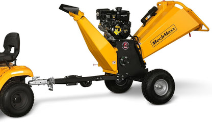 MechMaxx 6 inch B&S 408cc 14hp Gas Powered Wood Chipper Shredder Mulcher with Towbar, 6" Max Chipping Diameter Capacity,with Emergency Stop Button&Stop Bar,Model P4206 Yellow