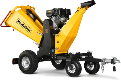 MechMaxx 6 inch ZONSEN 459cc 15hp E-Start Gas Powered 4-Wheels Wood Chipper Shredder Mulcher with Towbar/Tail Light/Emergency Stop Button/Stop Bar, Model B150 Yellow