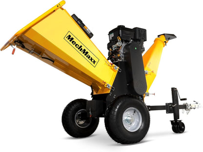 MechMaxx 6 inch B&S 408cc 14hp Gas Powered Wood Chipper Shredder Mulcher with Towbar, 6" Max Chipping Diameter Capacity,with Emergency Stop Button&Stop Bar,Model P4206 Yellow
