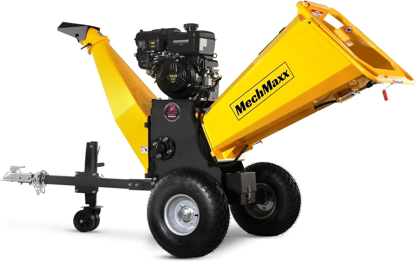 MechMaxx 6 inch B&S 408cc 14hp Gas Powered Wood Chipper Shredder Mulcher with Towbar, 6" Max Chipping Diameter Capacity,with Emergency Stop Button&Stop Bar,Model P4206 Yellow