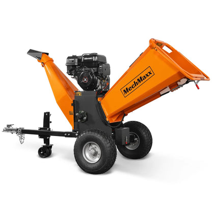 MechMaxx 6 inch ZONSEN 459cc 15hp E-Start Gas Powered 4-Wheels Wood Chipper Shredder Mulcher with Towbar/Tail Light/Emergency Stop Button/Stop Bar, Model B150 Yellow