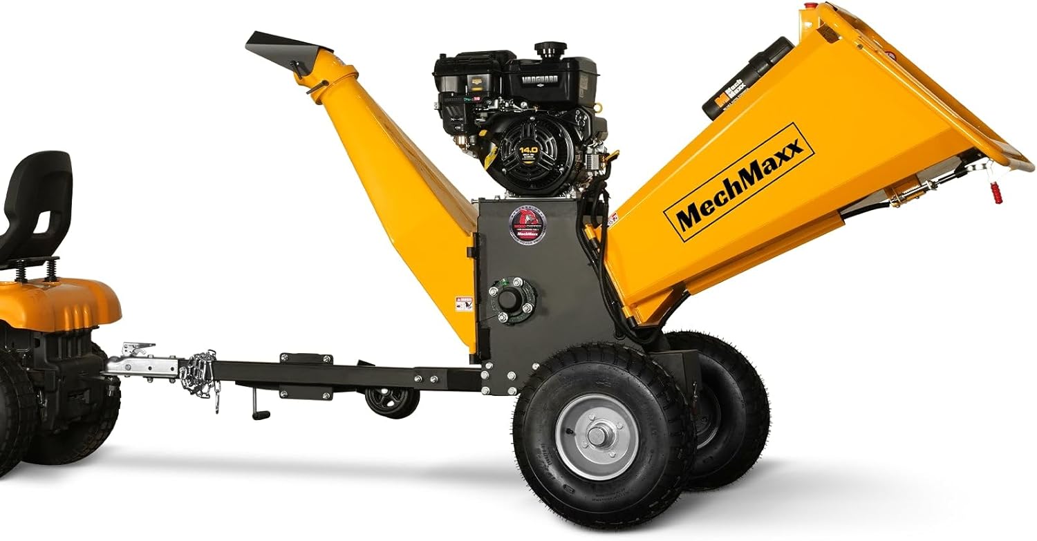 MechMaxx 6 inch B&S 408cc 14hp Gas Powered Wood Chipper Shredder Mulcher with Towbar, 6" Max Chipping Diameter Capacity,with Emergency Stop Button&Stop Bar,Model P4206 Yellow