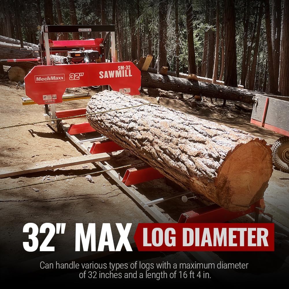 MechMaxx 32" Portable Sawmill (5 x Blades Included), KOHLER CH440 429cc 14HP E-Start Gasoline Engine,26.5" Board Width,20' Track Length (13' Track Length + 6.6' Track Extension Included),Model SM32