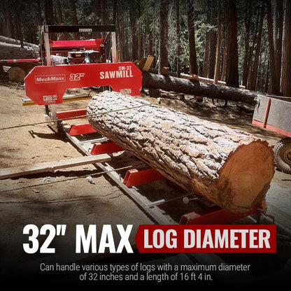 MechMaxx 32" Portable Sawmill (5 x Blades Included), KOHLER CH440 429cc 14HP E-Start Gasoline Engine,26.5" Board Width,20' Track Length (13' Track Length + 6.6' Track Extension Included),Model SM32
