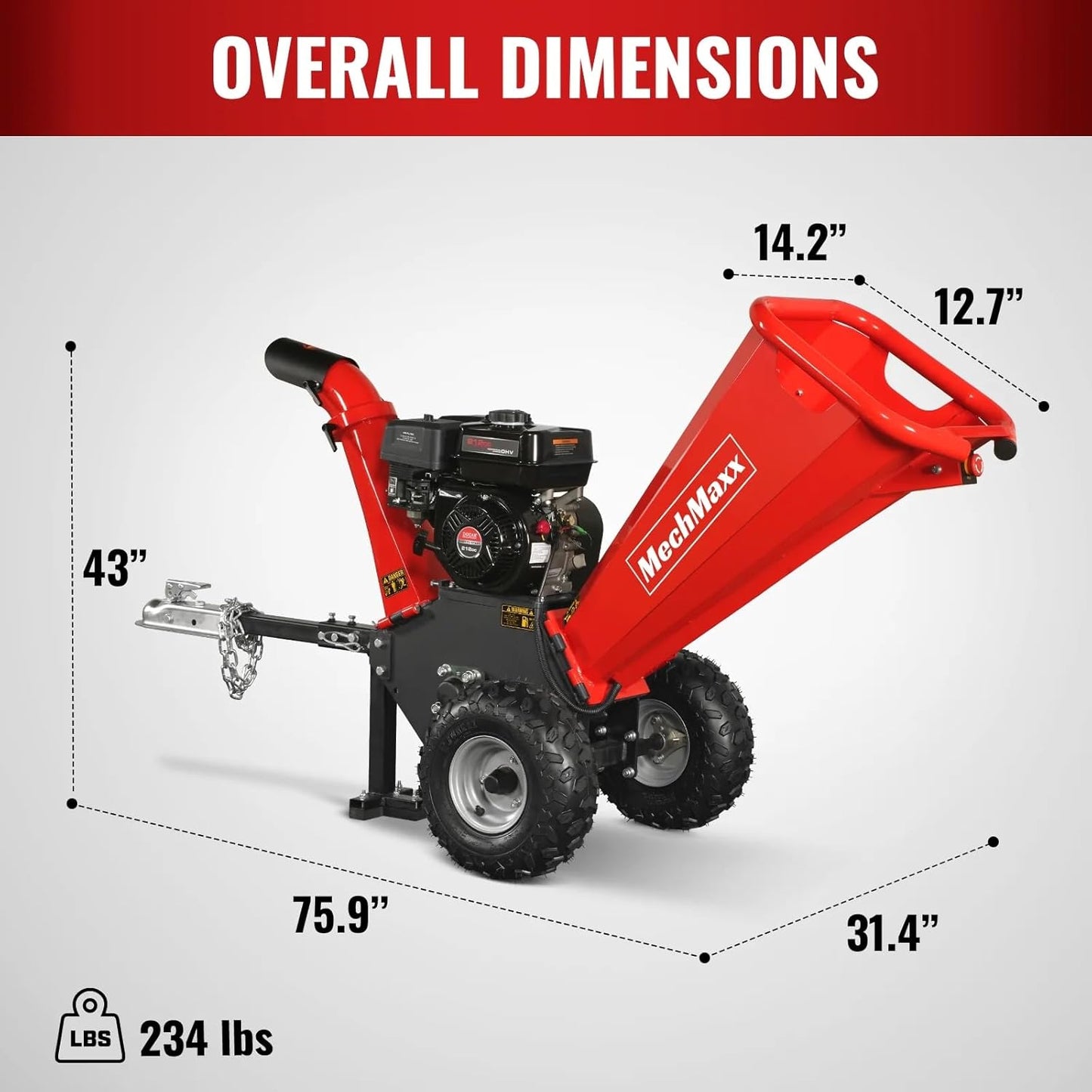 MechMaxx 4 inch DUCAR 212cc 7HP Gasoline Engine Powered Wood Chipper Shredder with Tow Bar, 4" Max Chipping Diameter Capacity, Emergency Stop Button, Model GS650