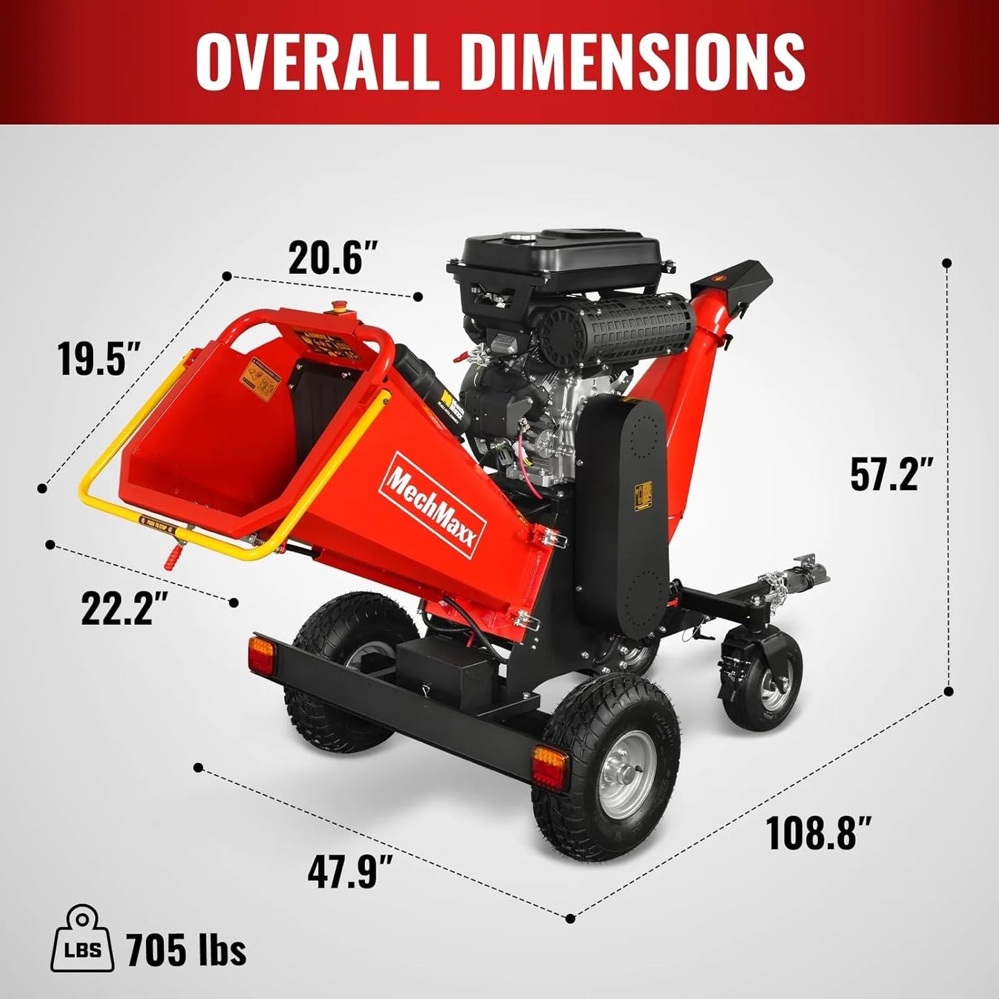 MechMaxx 8'' Inch ZONSEN 1000cc 35hp Electric Start Gasoline Powered Engine 4-Wheels Towable Wood Chipper Shredder Mulcher with Towbar/Tail Light/Emergency Stop Switch, Model B200