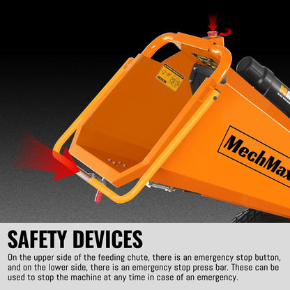 MechMaxx 6 inch ZONSEN 459cc 15hp Electric Start Gas Powered Wood Chipper Shredder Mulcher with Towbar, 6" Max Chipping Diameter Capacity,with Emergency Stop Button&Stop Bar,Model P4206 Orange