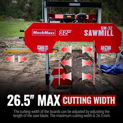 MechMaxx 32" Portable Sawmill (5 x Blades Included), KOHLER CH440 429cc 14HP E-Start Gasoline Engine,26.5" Board Width,20' Track Length (13' Track Length + 6.6' Track Extension Included),Model SM32