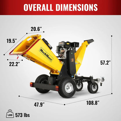 MechMaxx 6 inch ZONSEN 459cc 15hp E-Start Gas Powered 4-Wheels Wood Chipper Shredder Mulcher with Towbar/Tail Light/Emergency Stop Button/Stop Bar, Model B150 Yellow
