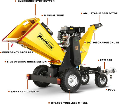 MechMaxx 6 inch ZONSEN 459cc 15hp E-Start Gas Powered 4-Wheels Wood Chipper Shredder Mulcher with Towbar/Tail Light/Emergency Stop Button/Stop Bar, Model B150 Yellow