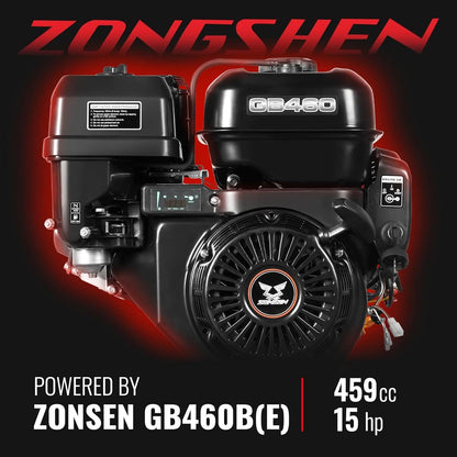 MechMaxx 6 inch ZONSEN 459cc 15hp Electric Start Gas Powered Wood Chipper Shredder Mulcher with Towbar, 6" Max Chipping Diameter Capacity,with Emergency Stop Button&Stop Bar,Model P4206 Orange
