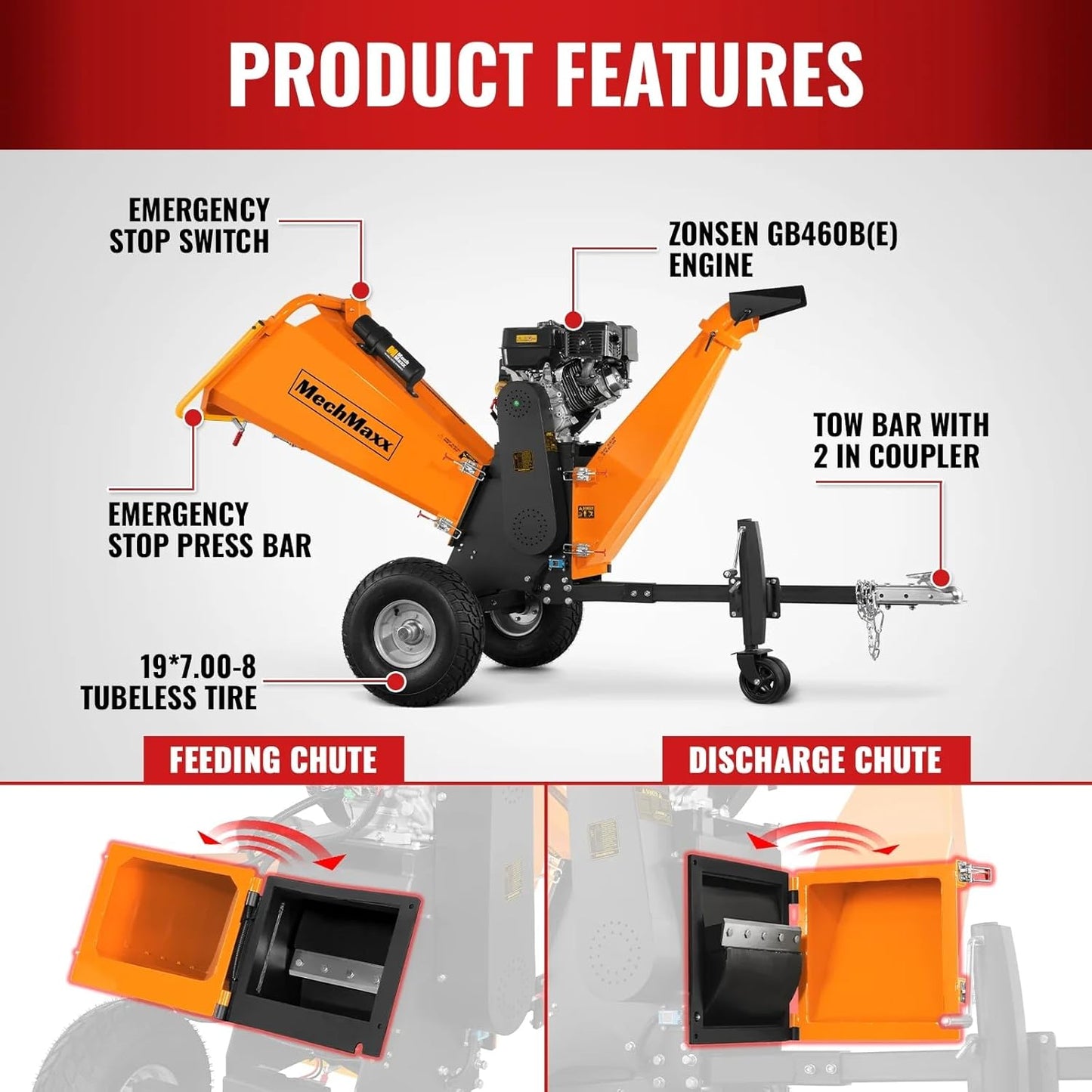 MechMaxx 6 inch ZONSEN 459cc 15hp Electric Start Gas Powered Wood Chipper Shredder Mulcher with Towbar, 6" Max Chipping Diameter Capacity,with Emergency Stop Button&Stop Bar,Model P4206 Orange
