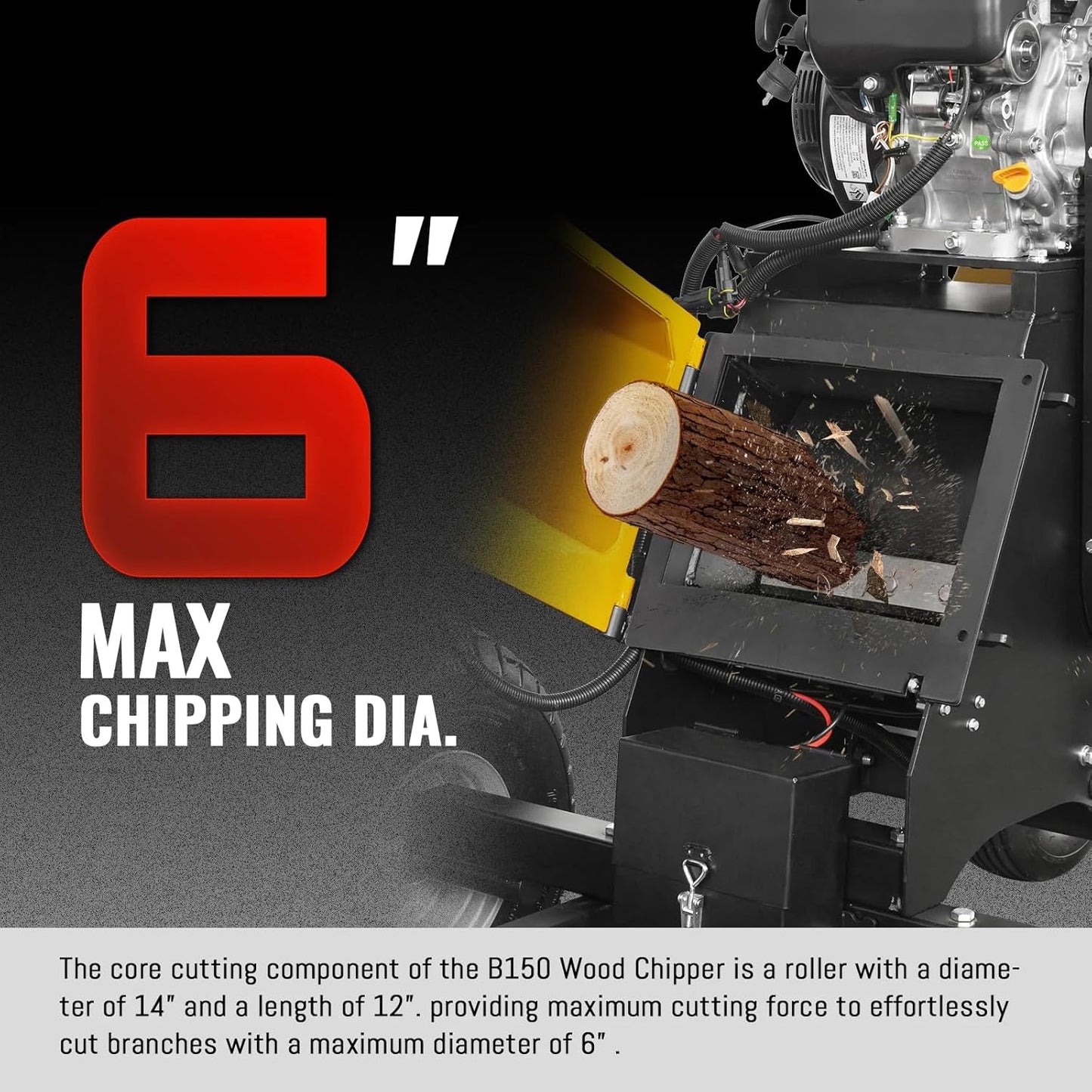 MechMaxx 6 inch ZONSEN 459cc 15hp E-Start Gas Powered 4-Wheels Wood Chipper Shredder Mulcher with Towbar/Tail Light/Emergency Stop Button/Stop Bar, Model B150 Yellow