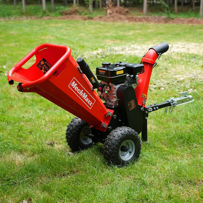 MechMaxx 4 inch DUCAR 212cc 7HP Gasoline Engine Powered Wood Chipper Shredder with Tow Bar, 4" Max Chipping Diameter Capacity, Emergency Stop Button, Model GS650
