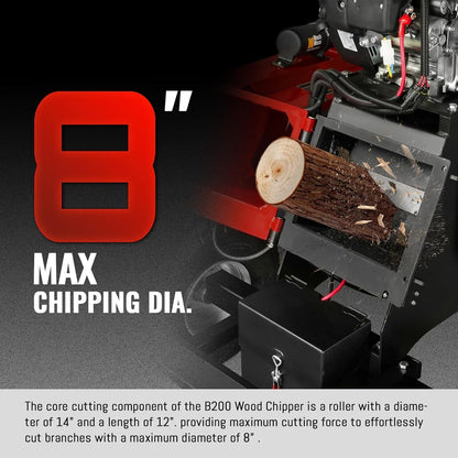 MechMaxx 8'' Inch ZONSEN 1000cc 35hp Electric Start Gasoline Powered Engine 4-Wheels Towable Wood Chipper Shredder Mulcher with Towbar/Tail Light/Emergency Stop Switch, Model B200