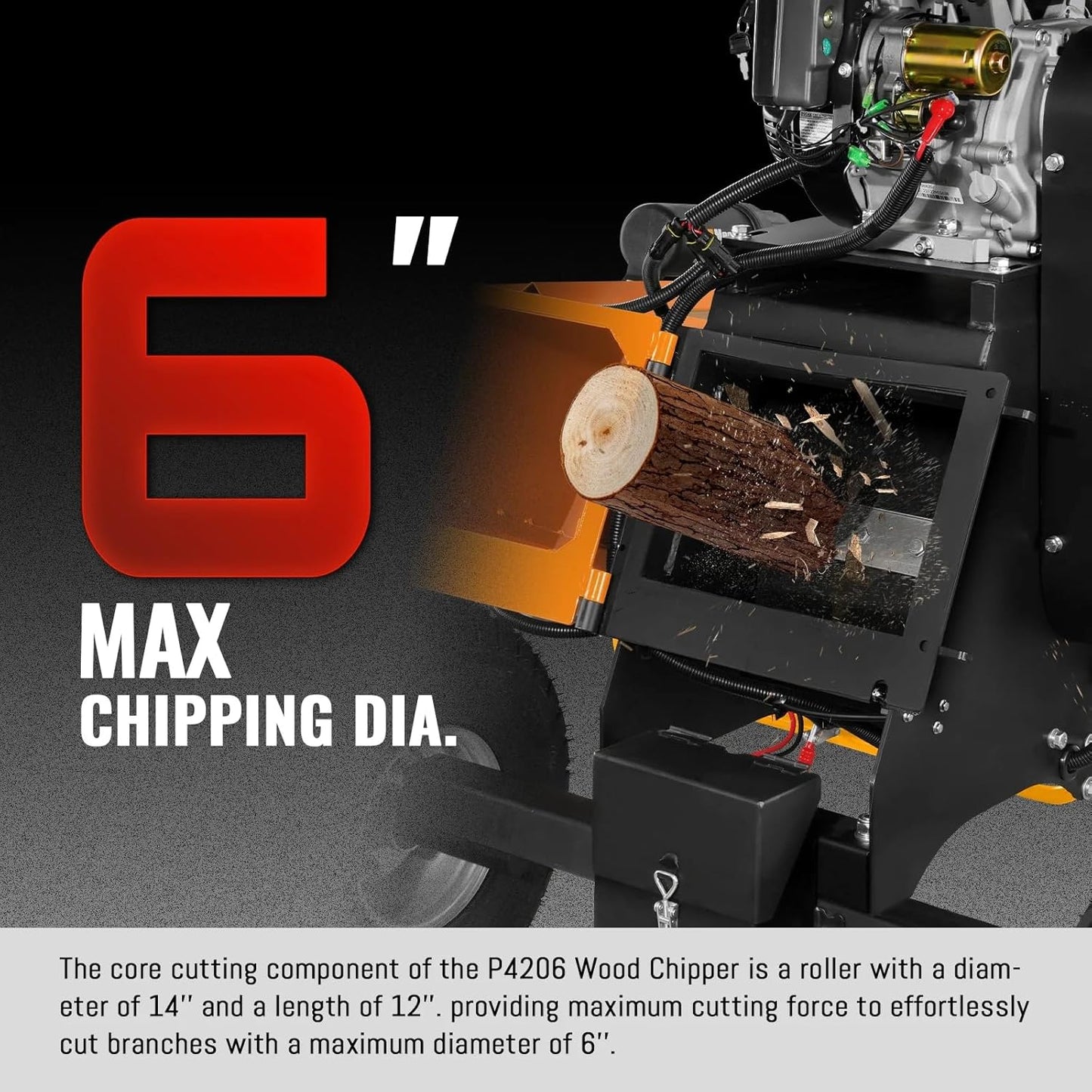 MechMaxx 6 inch ZONSEN 459cc 15hp Electric Start Gas Powered Wood Chipper Shredder Mulcher with Towbar, 6" Max Chipping Diameter Capacity,with Emergency Stop Button&Stop Bar,Model P4206 Orange