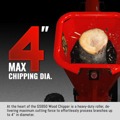 MechMaxx 4 inch DUCAR 212cc 7HP Gasoline Engine Powered Wood Chipper Shredder with Tow Bar, 4" Max Chipping Diameter Capacity, Emergency Stop Button, Model GS650