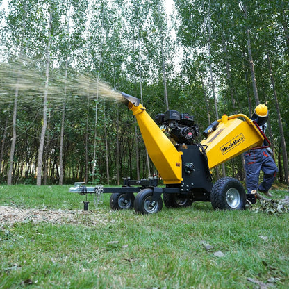 MechMaxx 6 inch ZONSEN 459cc 15hp E-Start Gas Powered 4-Wheels Wood Chipper Shredder Mulcher with Towbar/Tail Light/Emergency Stop Button/Stop Bar, Model B150 Yellow